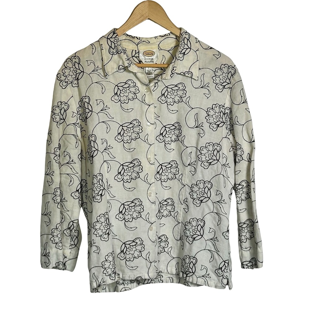 Talbots Irish Linen Floral Embroidered Button Down Shirt Women's Large Refined